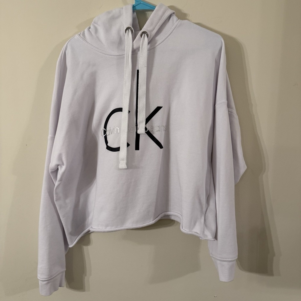 Calvin Klein Hoodie Womens XL Crop Pullover Sweatshirt CK Big Logo White/Black